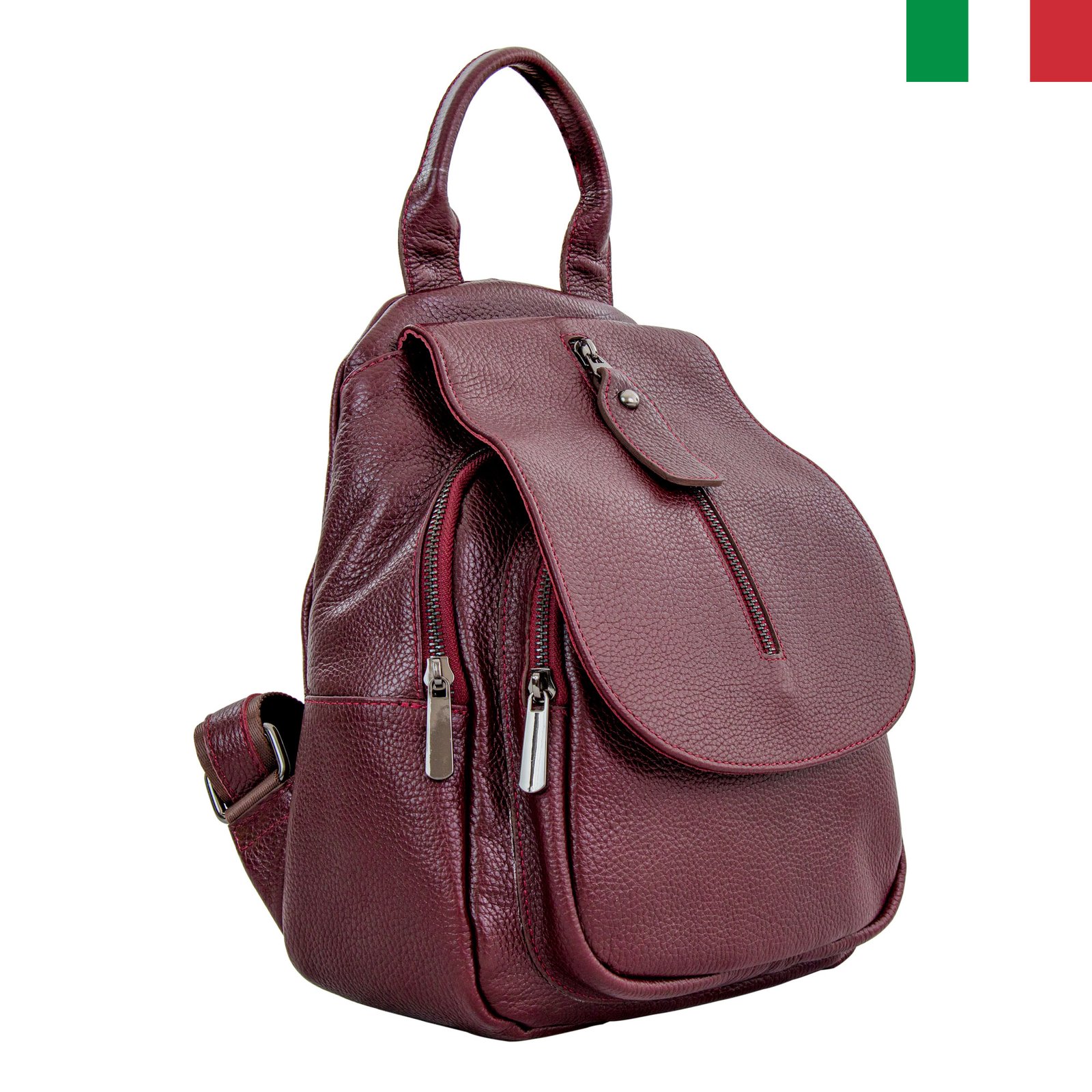Раница-15-цвят31 Дамска раница от естествена кожа с капак с цип - Бордо - Image 1
