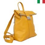 Дамска раница от естествена кожа с прегъване и метална закопчалка - Горчица