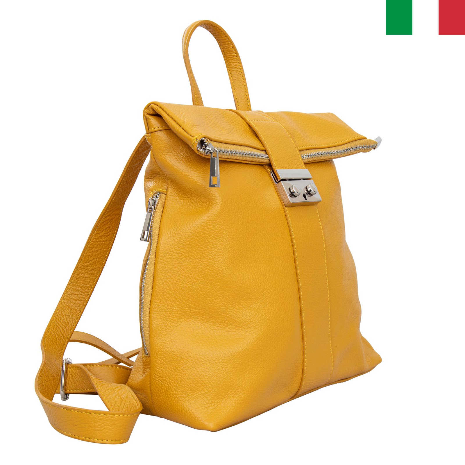 Раница 5 цвят – жълт1 Дамска раница от естествена кожа с прегъване и метална закопчалка - Горчица - Image 1
