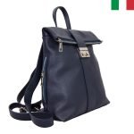 Дамска раница от естествена кожа с прегъване и метална закопчалка - Тъмносин