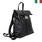 Дамска раница от естествена кожа с прегъване и метална закопчалка - Черен