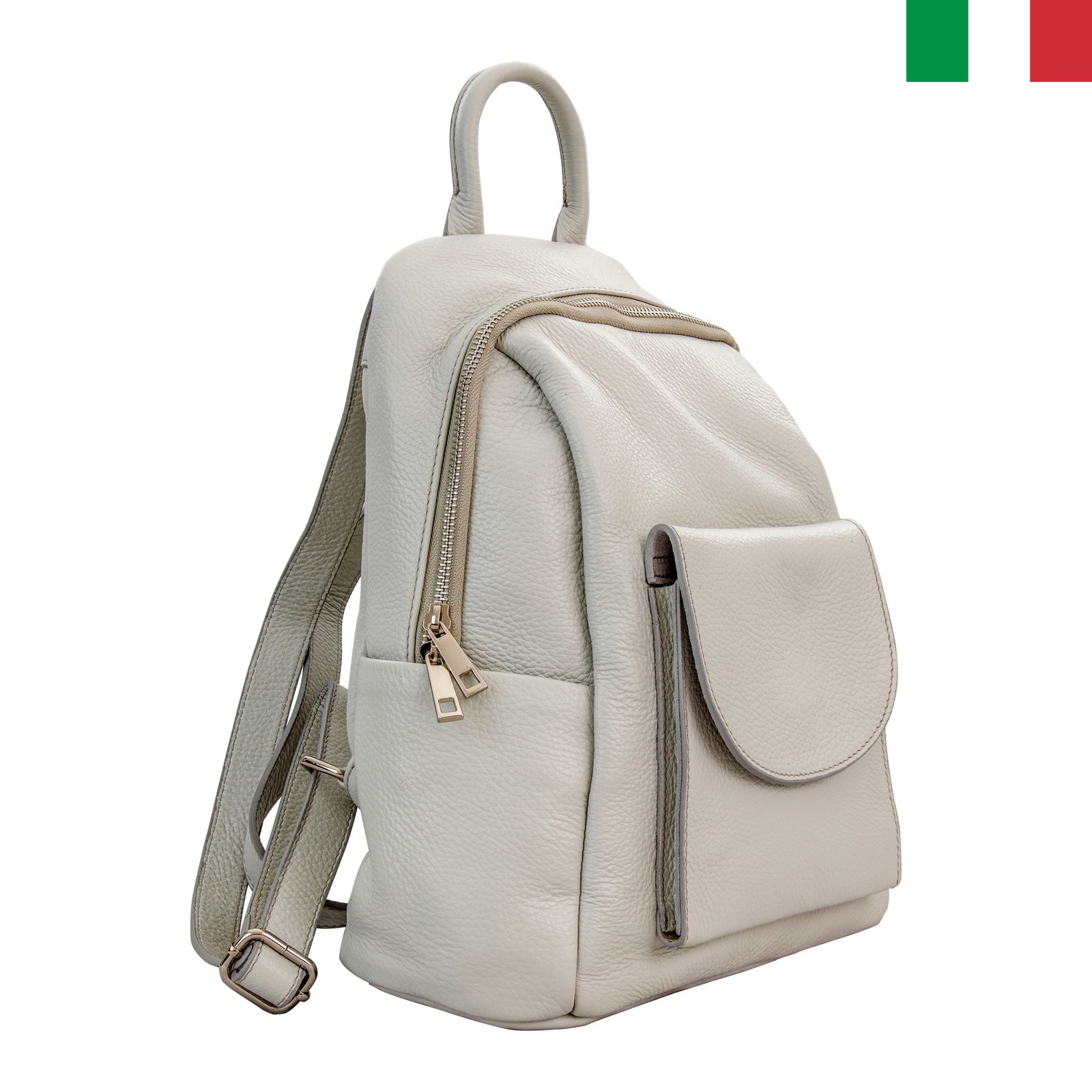 Раница-7-мръсно-бял1 Дамска раница от естествена кожа с преден джоб с капак - Бял - Image 1