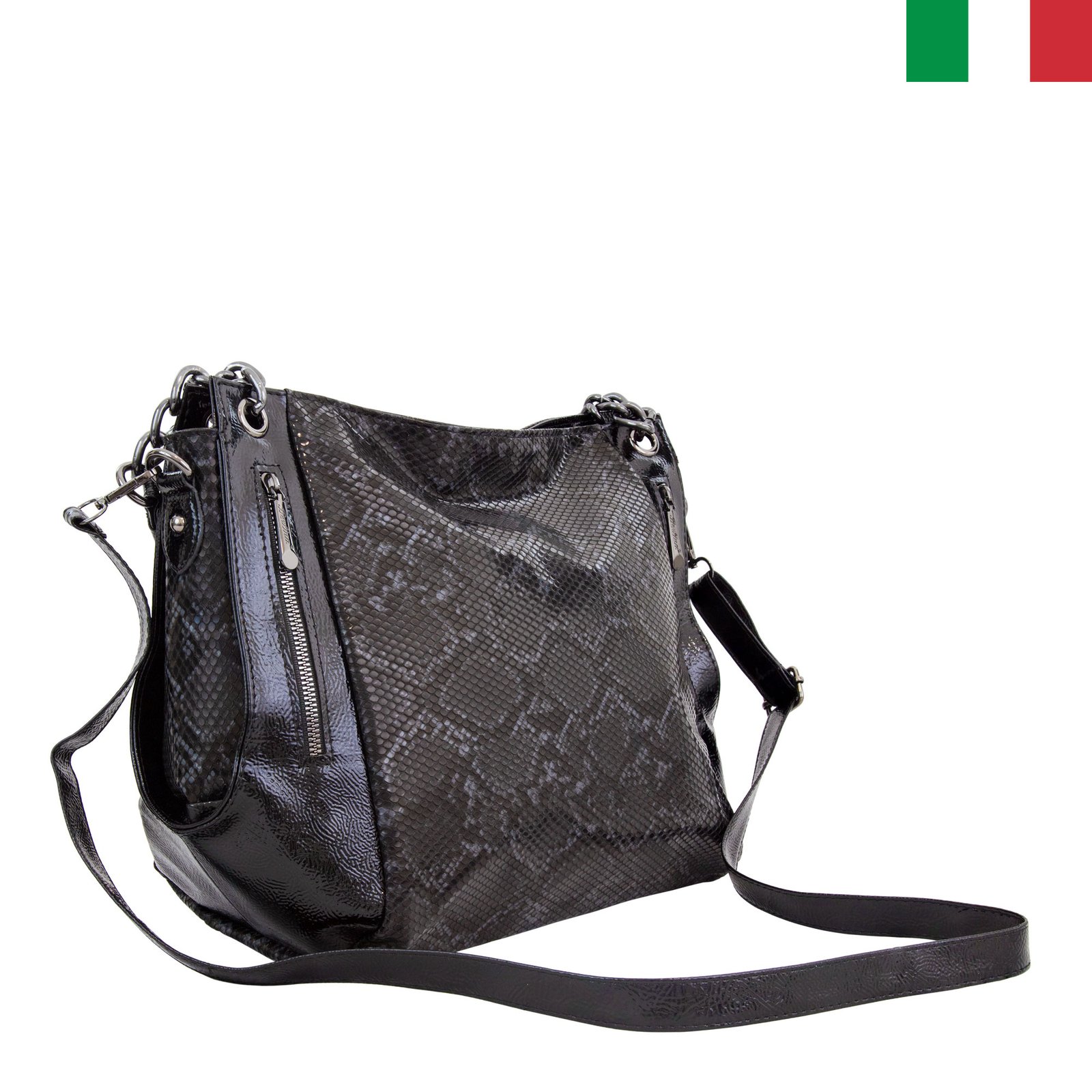 ЧАНТА11-ЦВЯТ-ПИТОН-ЧЕРНО1 Дамска чанта от еко кожа със синджир на дръжките - Питон-черно - Image 1