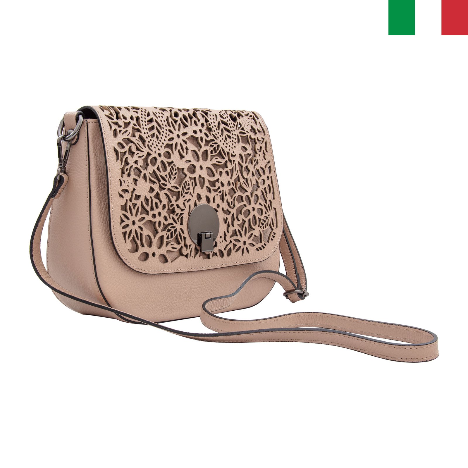 Чанта-1-цвят-бежаво1 Дамска чанта с две дръжки от естествена кожа с изрязани цветя на капака - розова пудра - Image 1