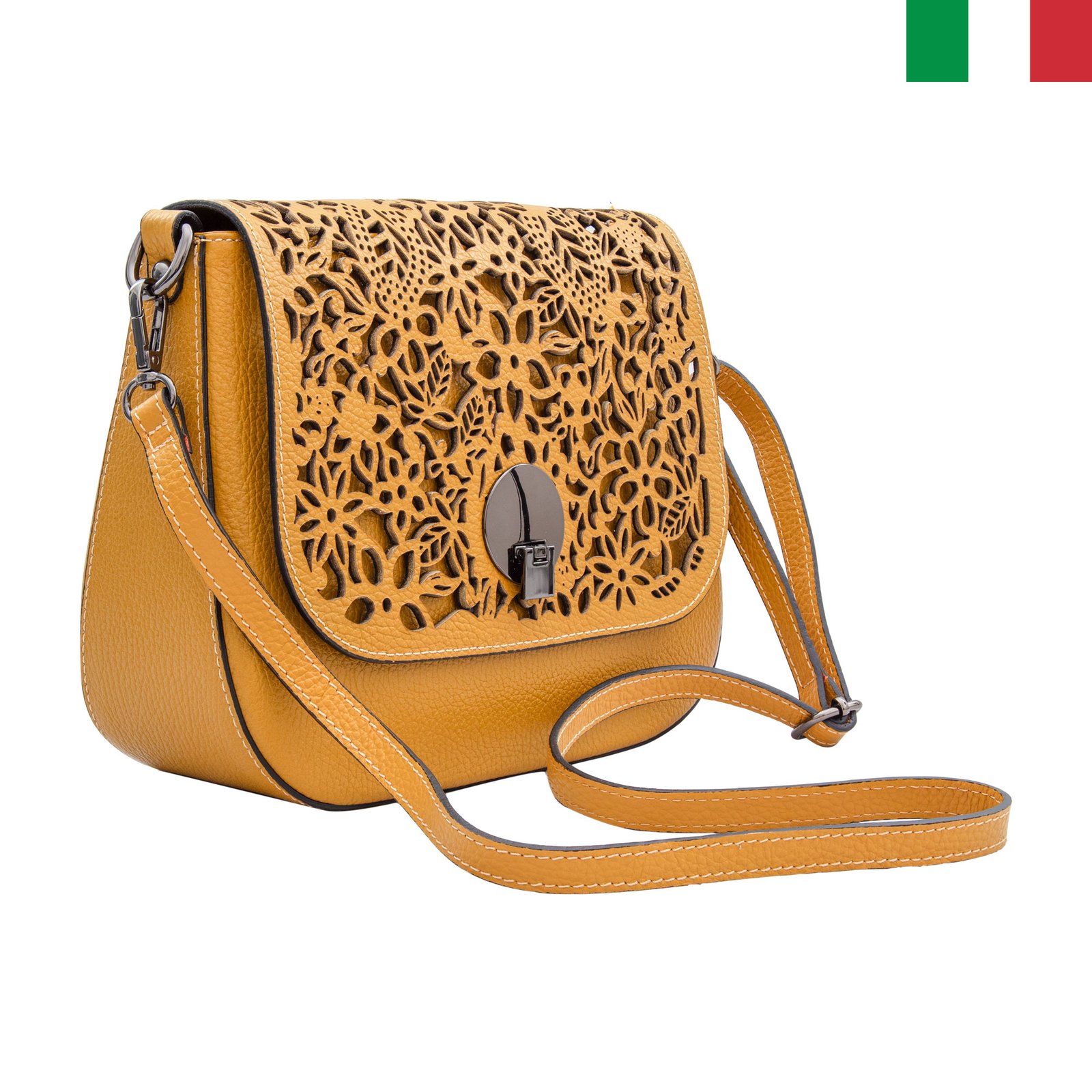 Чанта-1-цвят-горчица1 Дамска чанта с две дръжки от естествена кожа с изрязани цветя на капака - Image 1