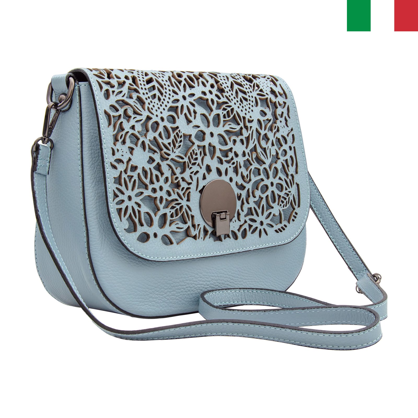 Чанта-1-цвят-синьо1 Дамска чанта с две дръжки от естествена кожа с изрязани цветя на капака - Син - Image 1