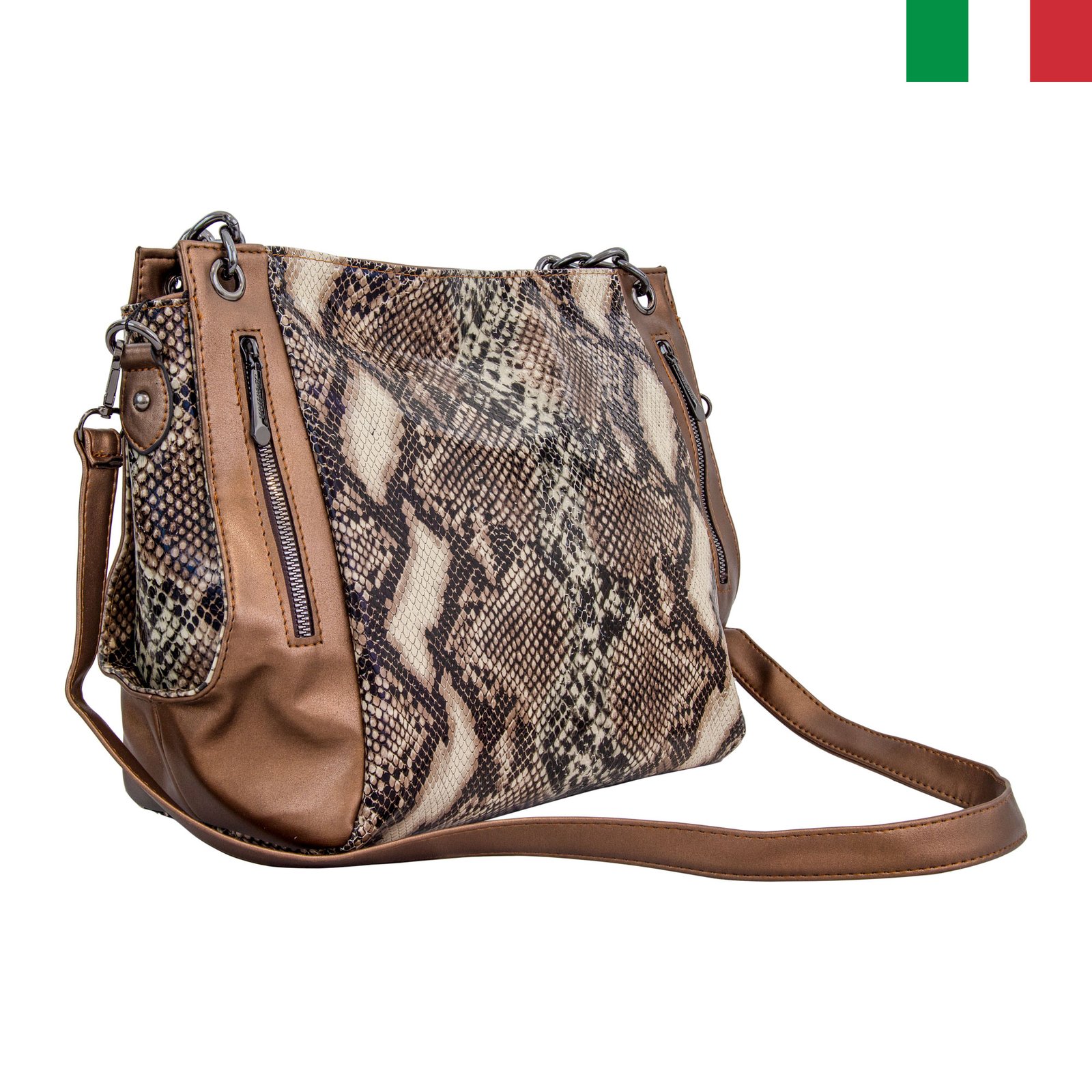 Чанта-11-цвят-питон1 Дамска чанта от еко кожа със синджир на дръжките - Image 1