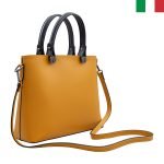 Твърда чанта от естествена кожа  с къси дръжки и аксесоари "болт" - Горчица