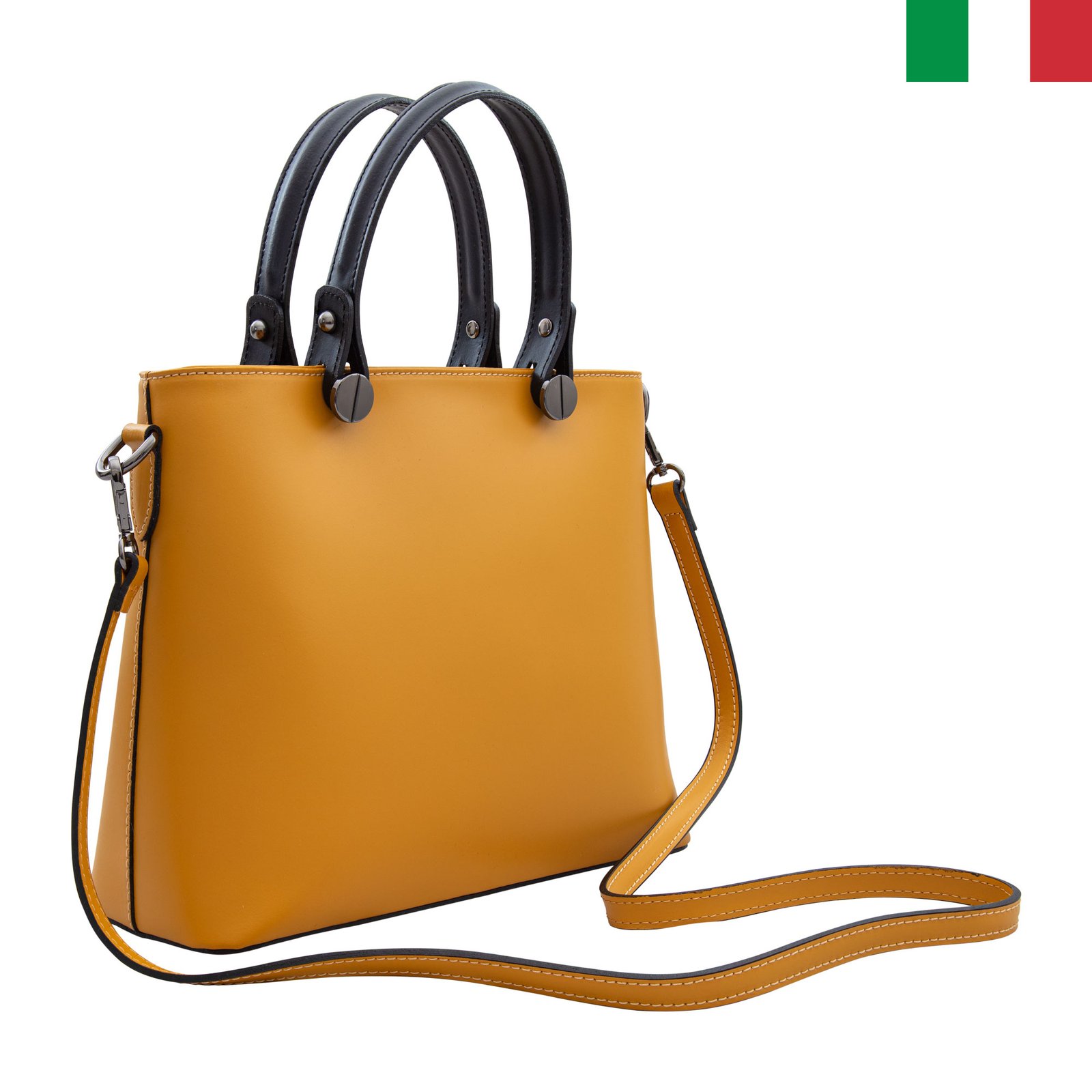 Чанта-2-цвят-оранжево1 Твърда чанта от естествена кожа с къси дръжки и аксесоари "болт" - Горчица - Image 1