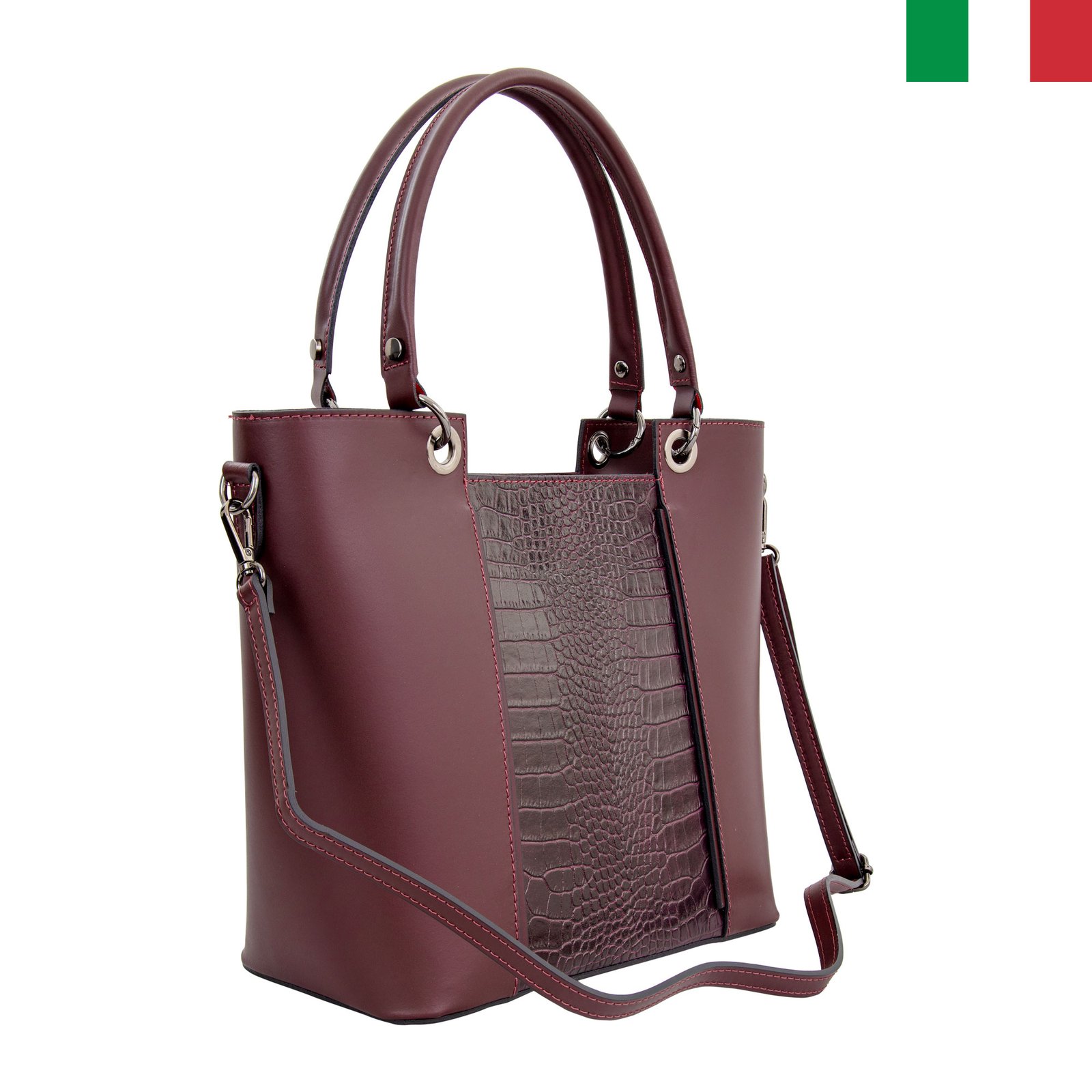 Чанта-8-цвят-бордо1 Твърда дамска чанта от естествена кожа с “кроко” елемент - Бордо - Image 1