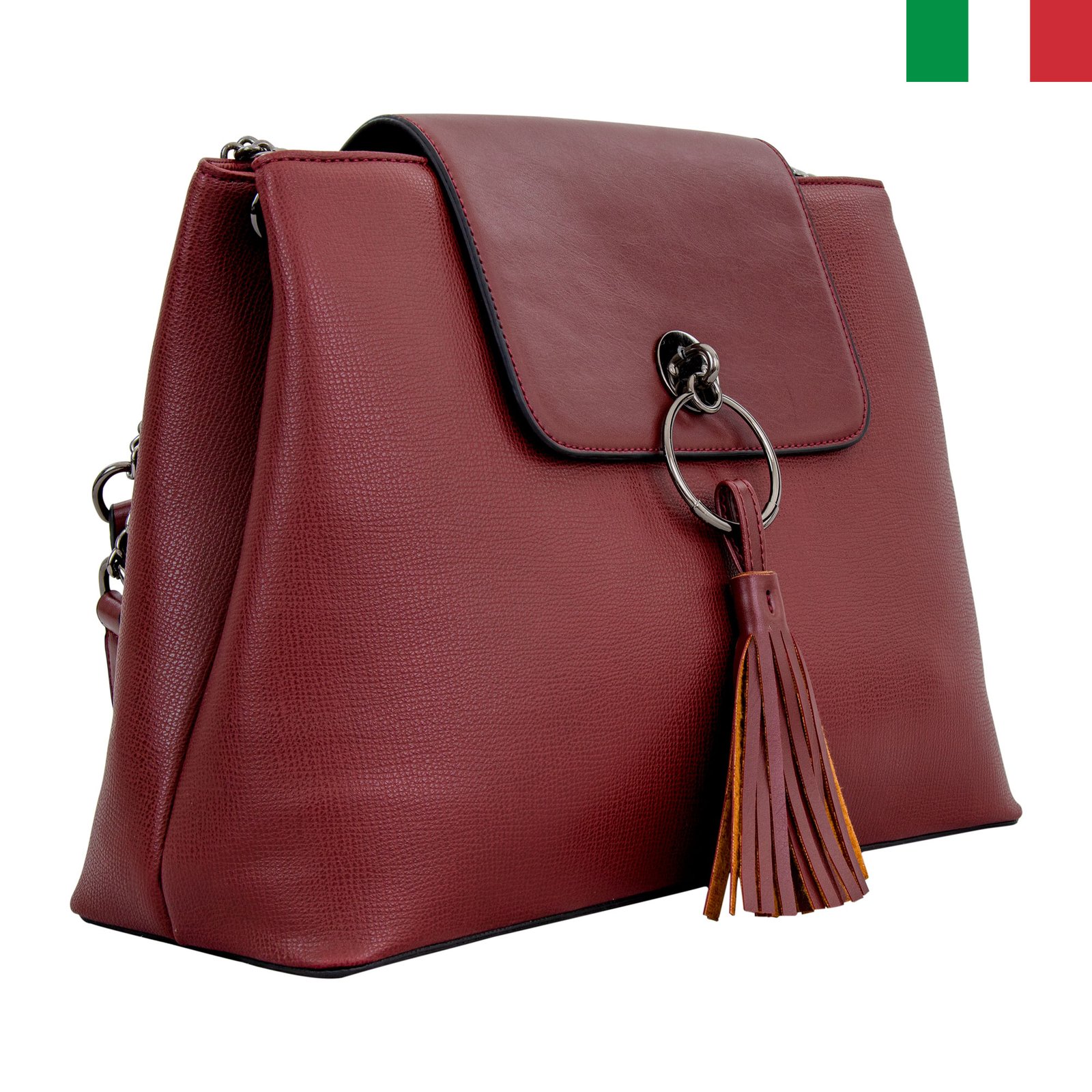 Чанта-9-цвят-бордо1 Твърда дамска чанта от еко кожа с метален обръч и пискюл - Бордо - Image 1