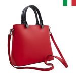 Твърда чанта от естествена кожа  с къси дръжки и аксесоари "болт" - Червен
