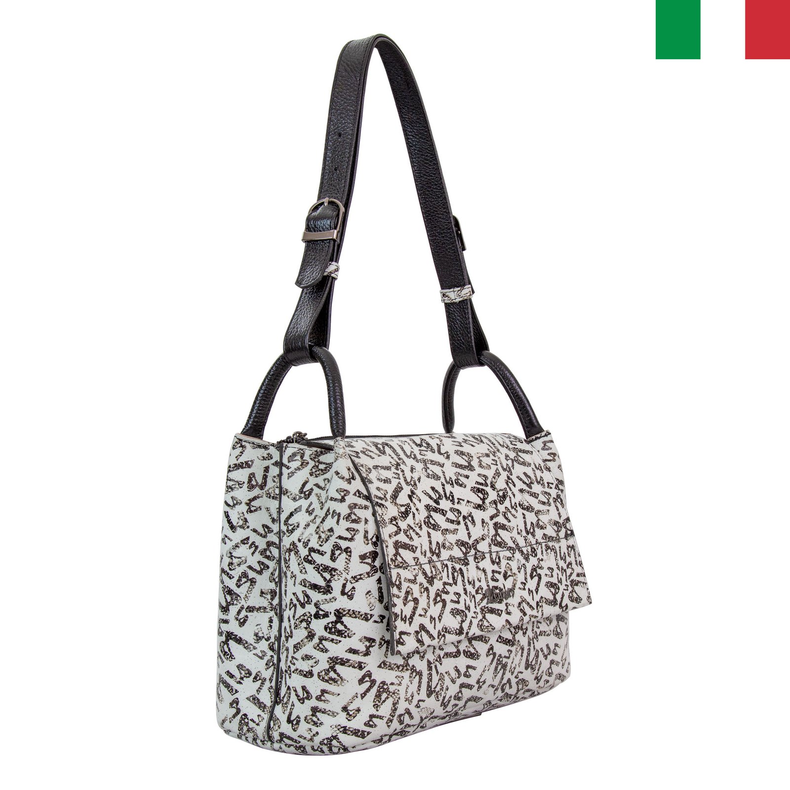 Чанта-19-цвят-21 Дамска чанта от естествена кожа с капак, в различни кожи - Бял принт с букви - Image 1