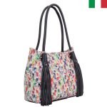 Дамска чанта от естествена кожа с ресни - Пръски бял