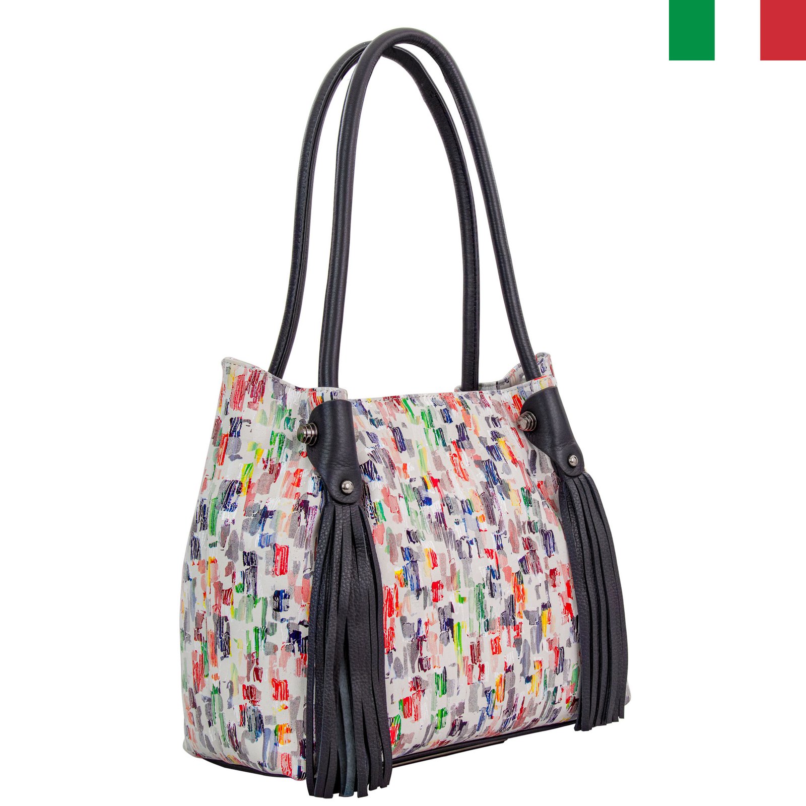 Чанта-20-цвят-31 Дамска чанта от естествена кожа с ресни - Пръски бял - Image 1