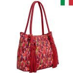 Дамска чанта от естествена кожа с ресни - Пръски червен