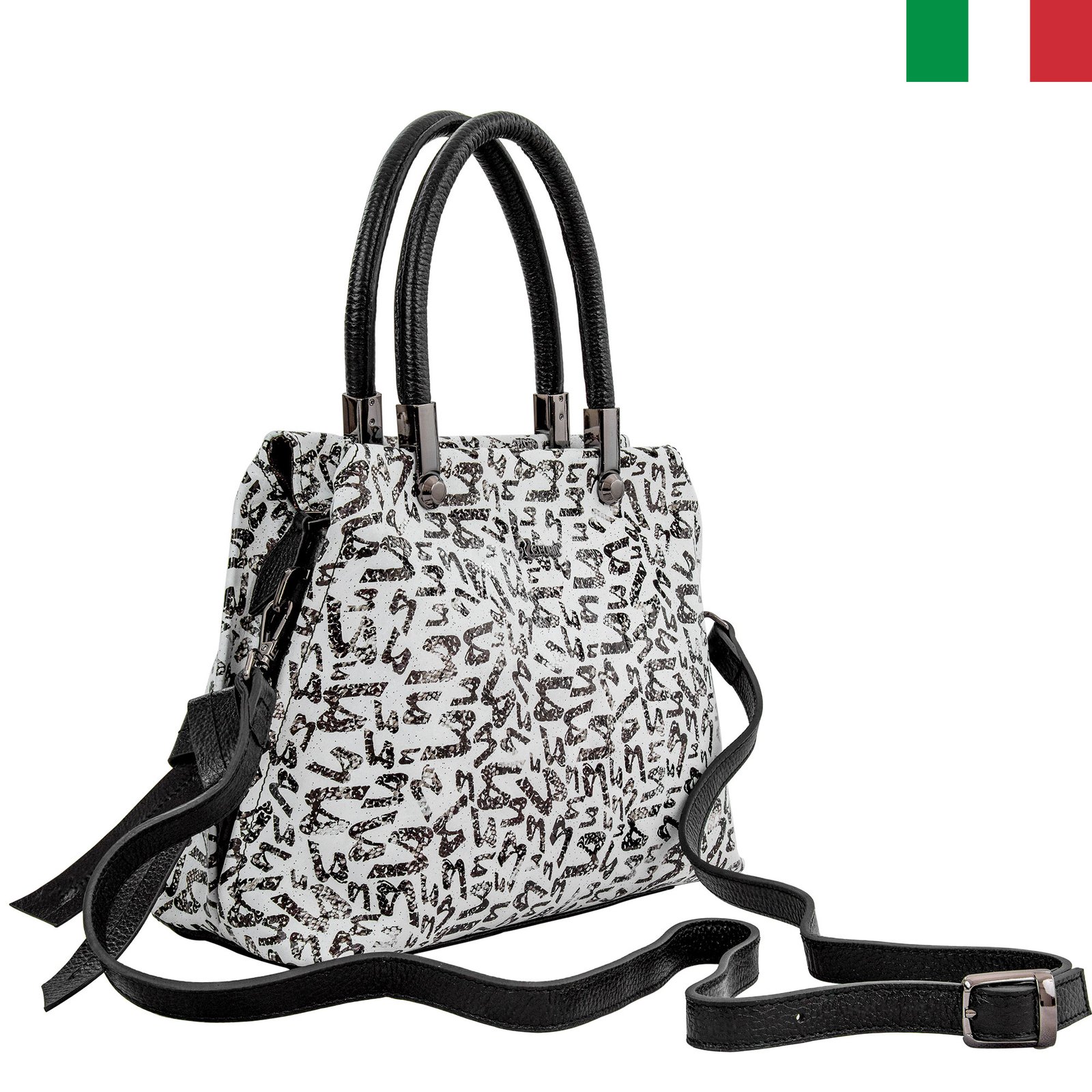 Чанта-22-цвят-21 Луксозна дамска чанта от естествена кожа с две дръжки - Бял принт с букви - Image 1