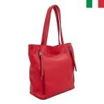 Луксозна голяма дамска чанта от естествена кожа с два вертикални ципа - Червен