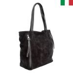 Луксозна голяма дамска чанта от естествена кожа с два вертикални ципа - Черен