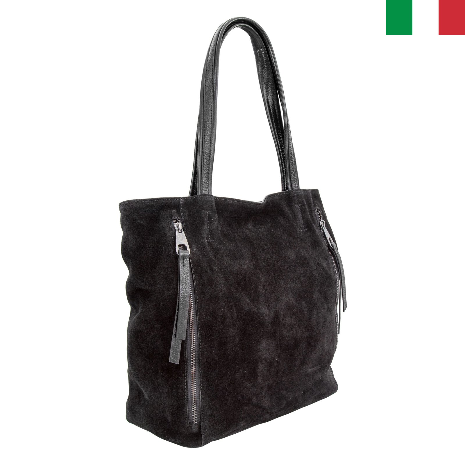 Чанта-23-цвят-черен1 Луксозна голяма дамска чанта от естествена кожа с два вертикални ципа - Черен - Image 1