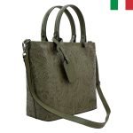 Твърда дамска чанта от естествена кожа с “болтове” на дръжките и обемен принт по кожата