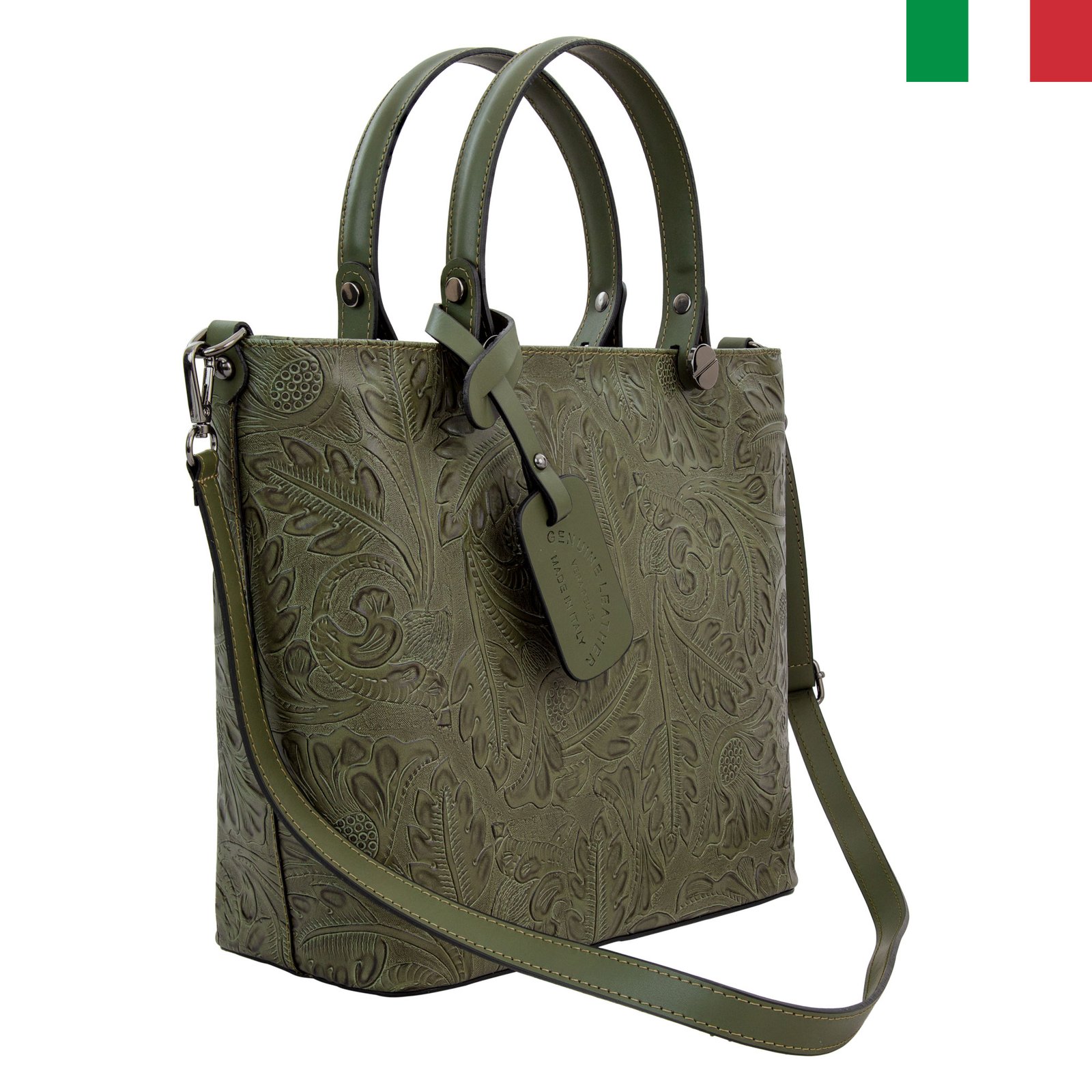 Чанта-24-цвят-зелен1 Твърда дамска чанта от естествена кожа с “болтове” на дръжките и обемен принт по кожата - Image 1