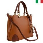 Твърда дамска чанта от естествена кожа  с изчистен дизайн - Кафяв