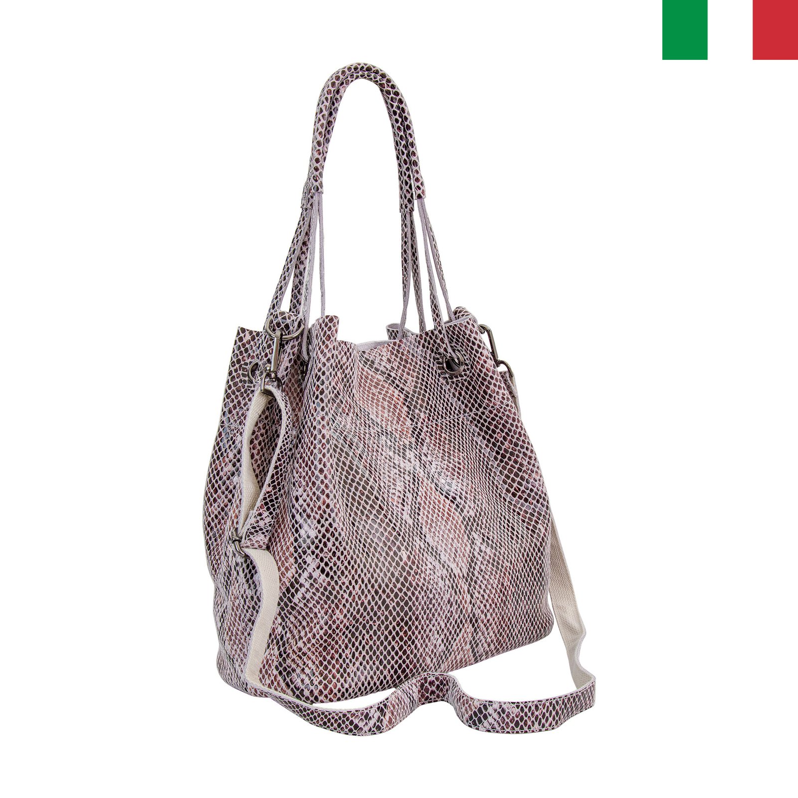 Чанта 3 цвят - змийско1 Дамска чанта тип “торба” от естествена лазерно обработена кожа - Image 1