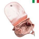 Дамска раница с капак и връзки от еко кожа с перлен оттенък - Розово злато - Image 3