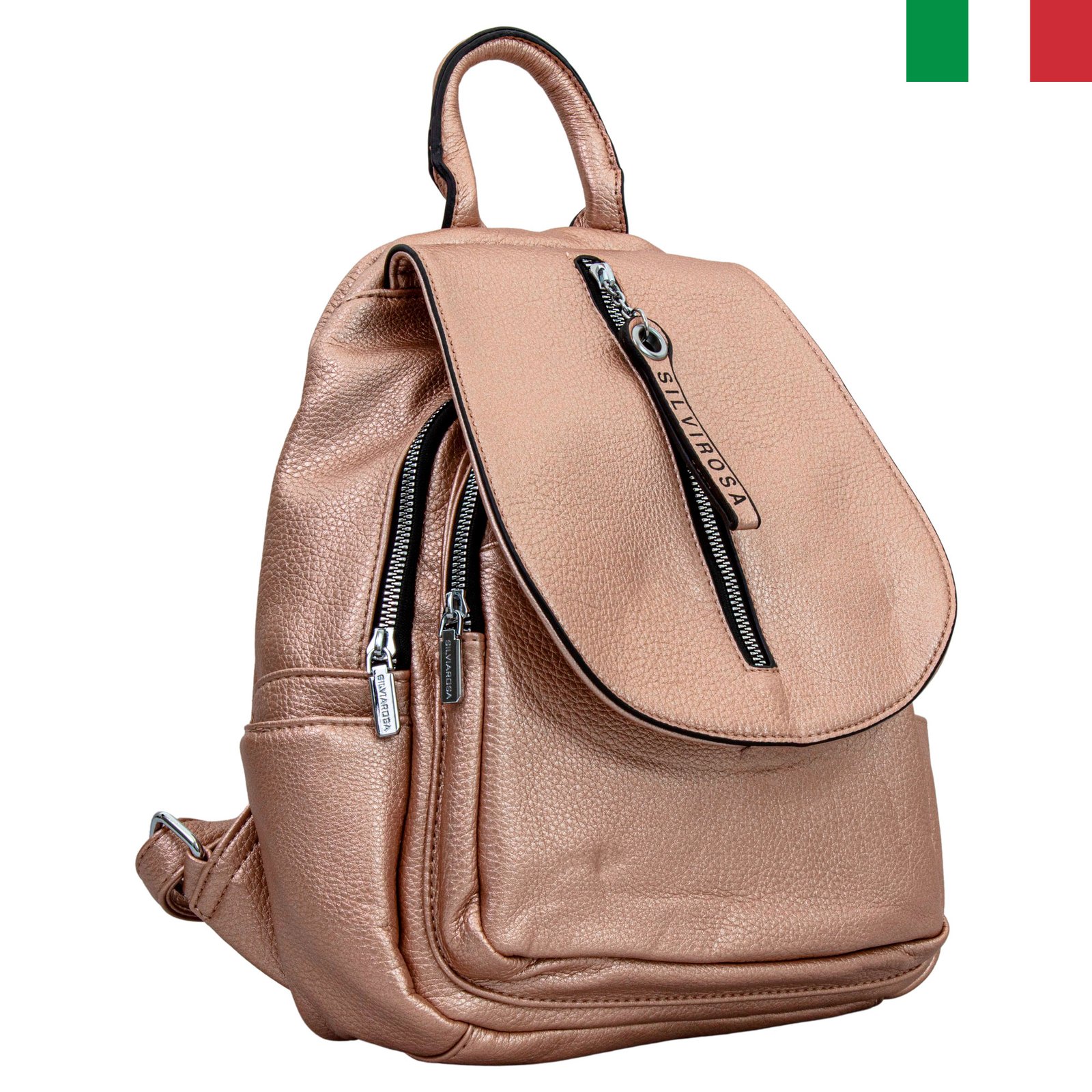 Раница 24 – цвят злато – лице-италия Дамска раница с капак от еко кожа с перлен оттенък - Злато - Image 1