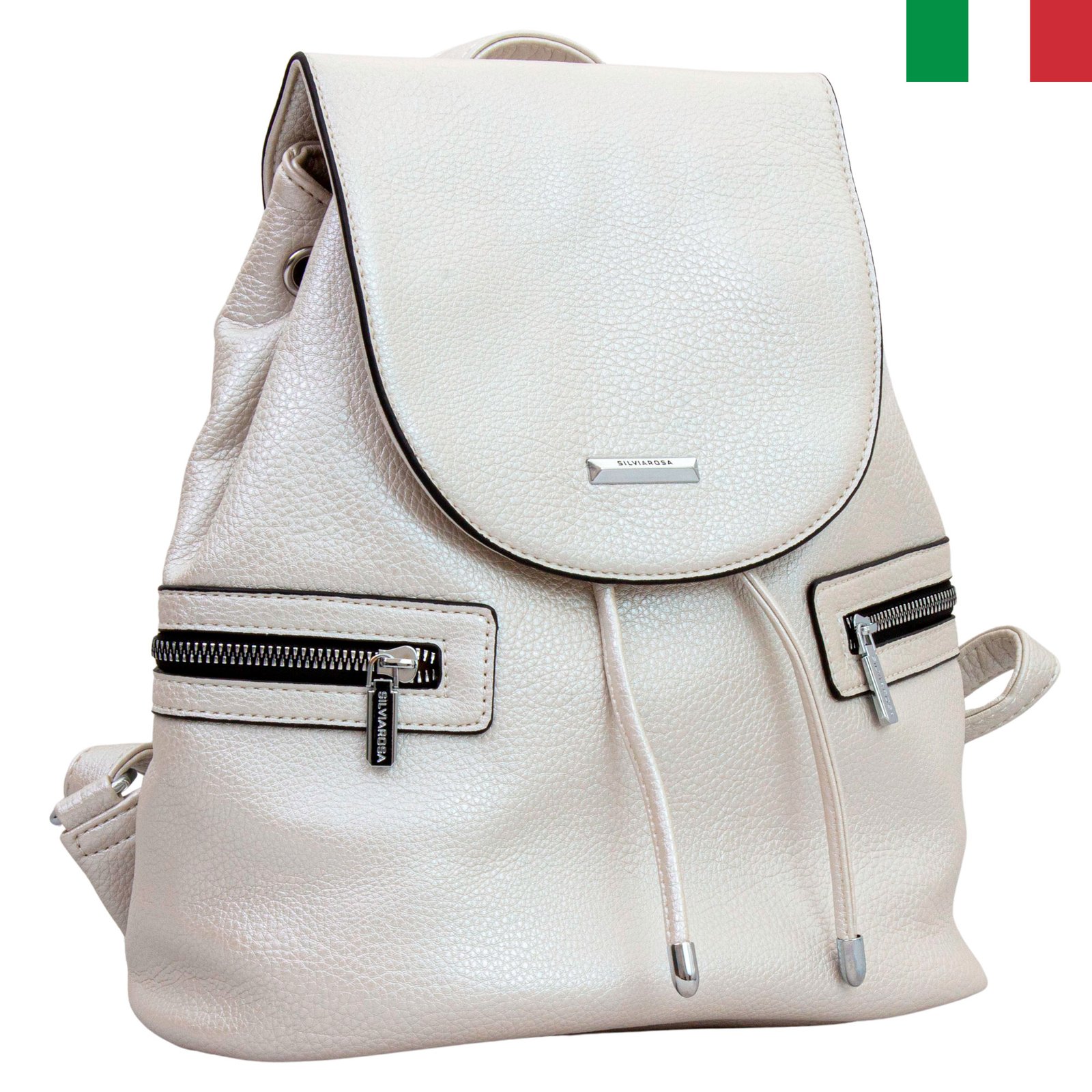 Раница 25 – цвят бял лице-италия Дамска раница с капак и връзки от еко кожа с перлен оттенък - Бял - Image 1