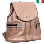 Дамска раница с капак и връзки от еко кожа с перлен оттенък - Розово злато