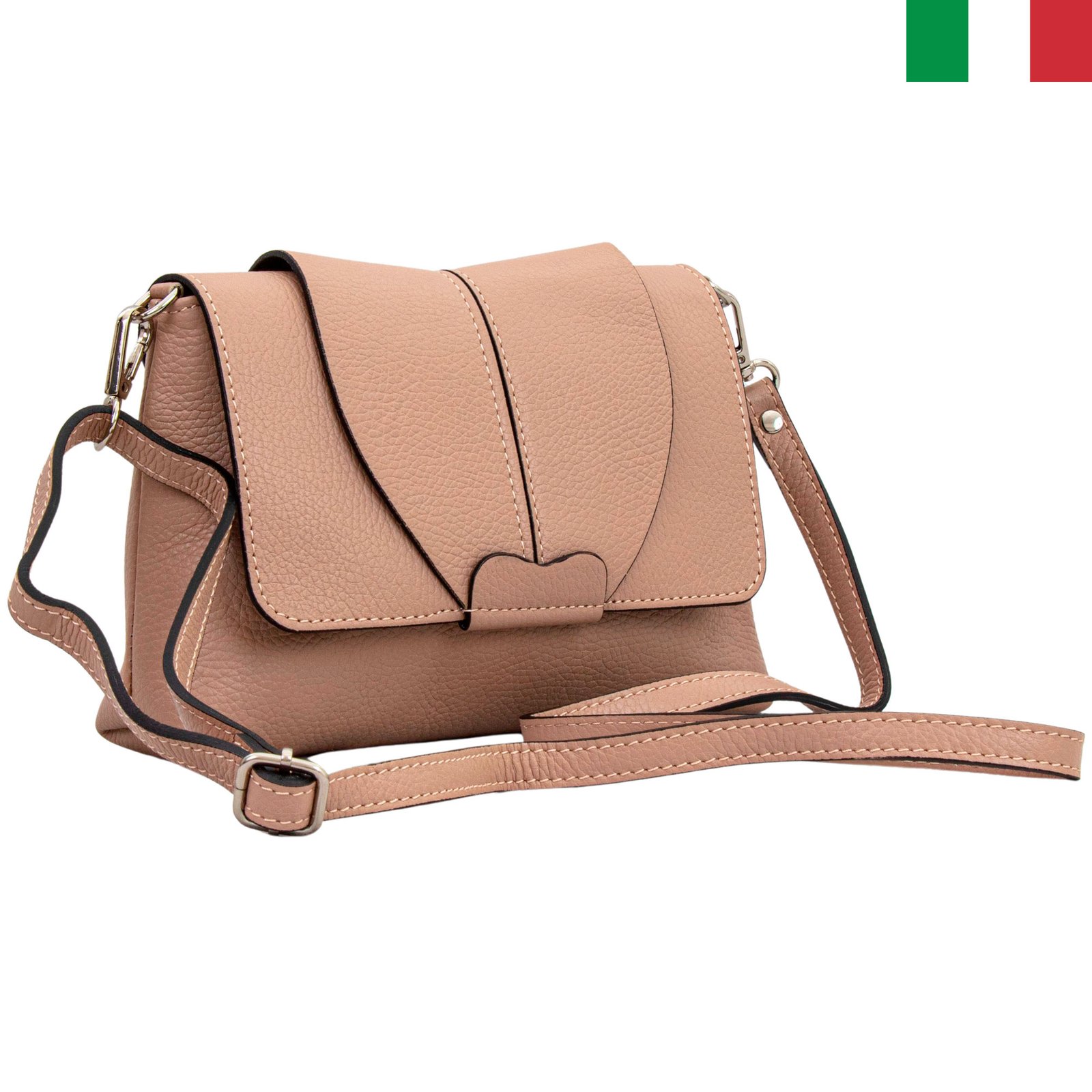 Чанта 48 – розов – лице-италия Малка дамска чанта от естествена кожа за през тялото с капак - Розовa пудра - Image 1