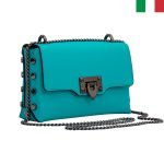 Малка дамска чанта от естествена кожа с дръжка-синджир - Тюркоаз