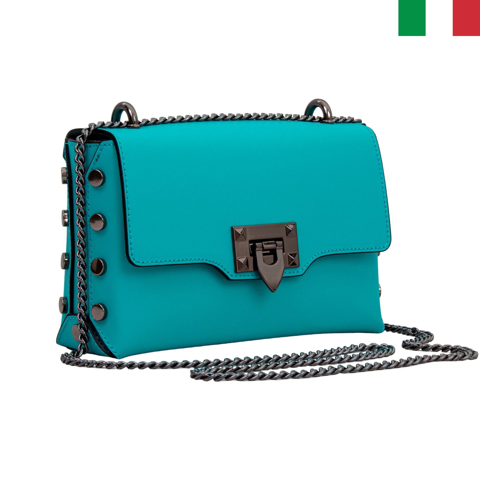 Чанта 49 - цвят тюркоаз - лице-италия Малка дамска чанта от естествена кожа с дръжка-синджир - Тюркоаз - Image 1