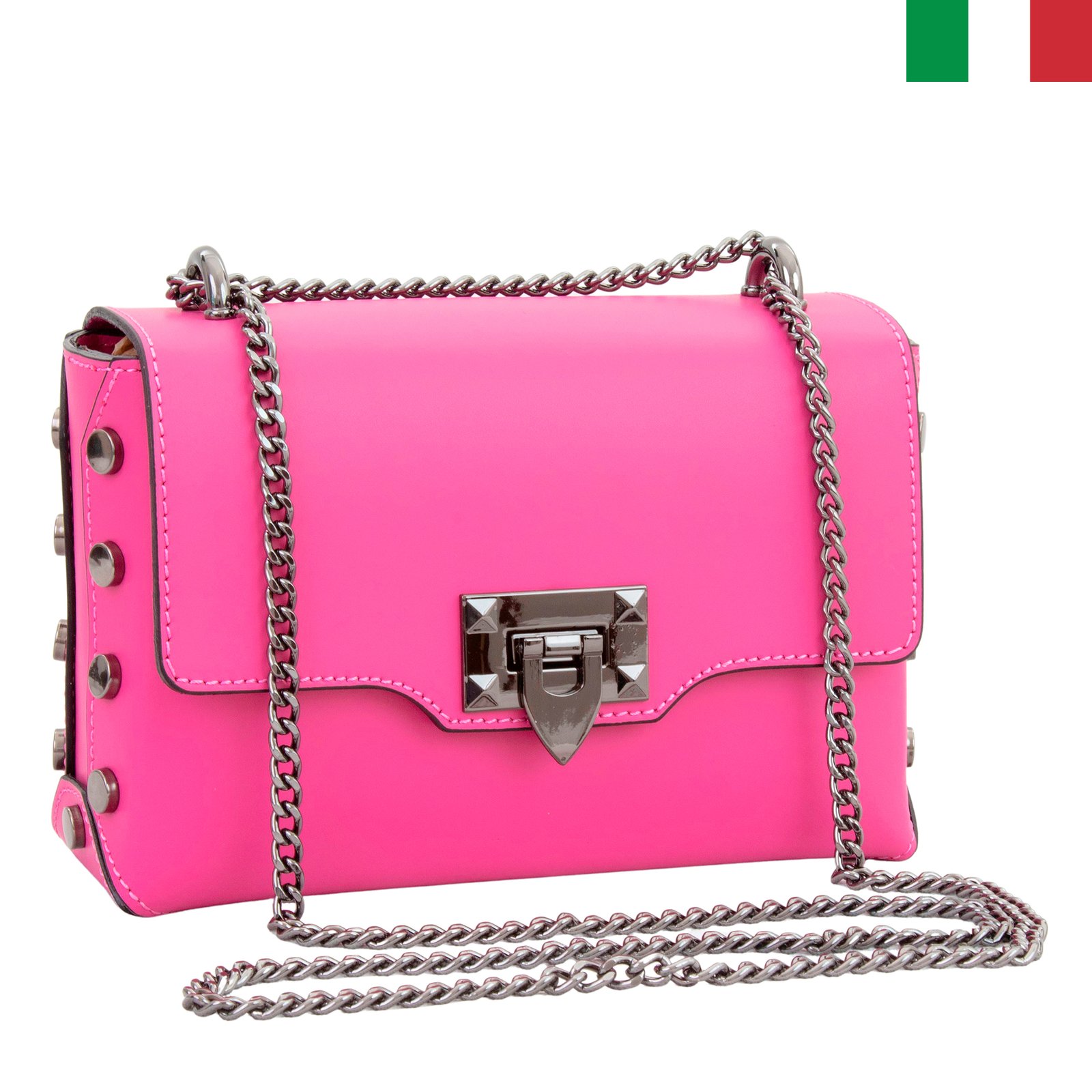 1-розов-лице-flag Малка дамска чанта от естествена кожа с дръжка-синджир - Image 1