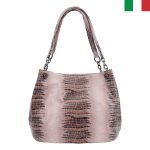 Дамска чанта  естествена, лазерно обработена кожа със синджир и аксесоари “болт” на дръжките