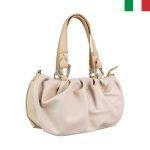 Дамска чанта от еко кожа с ефектни камъни на дръжките - цвят бежов