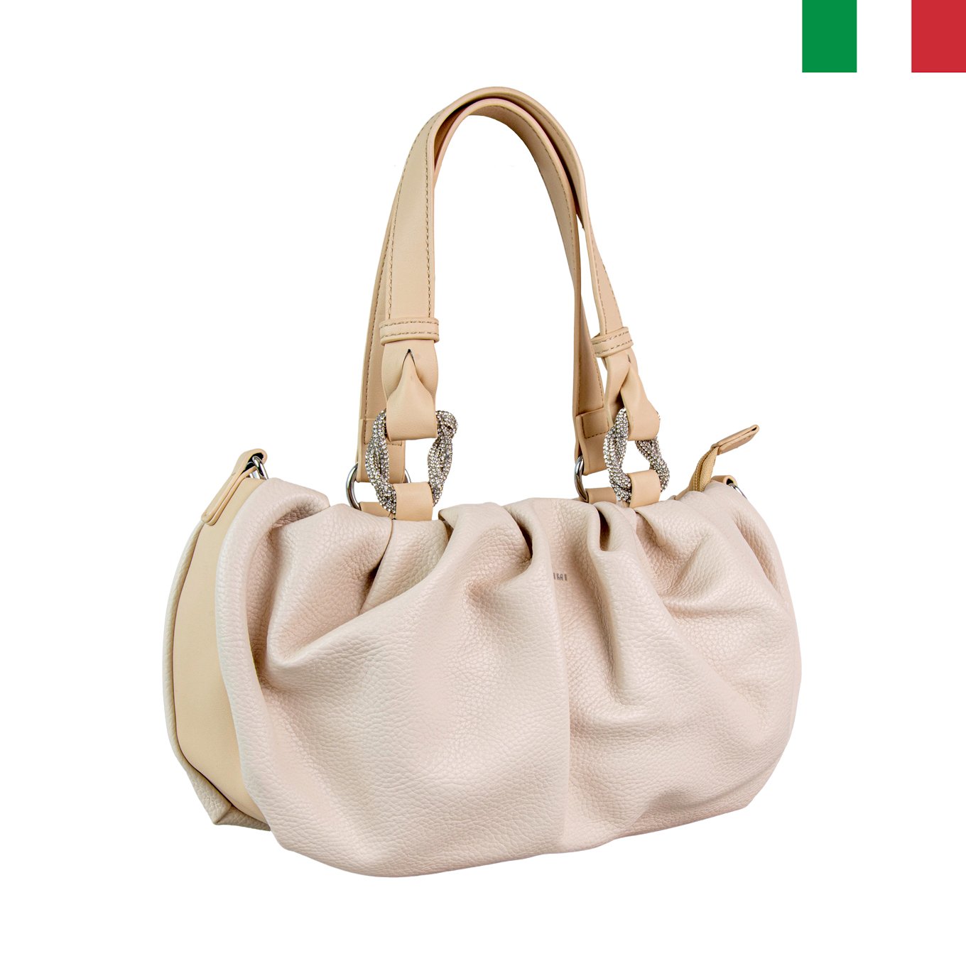 21032023—4—цвят-бежов—лице Дамска чанта от еко кожа с ефектни камъни на дръжките - цвят бежов - Image 1