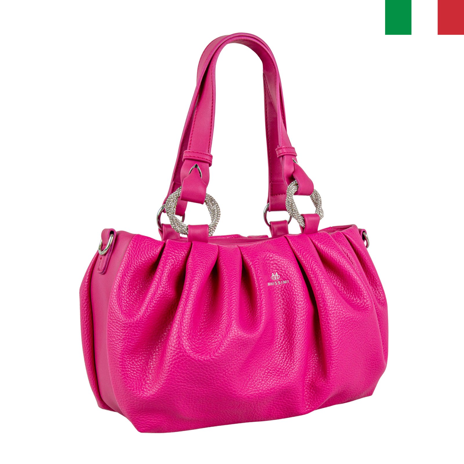 21032023—4—цвят-циклама—лице Дамска чанта от еко кожа с ефектни камъни на дръжките - цвят циклама - Image 1