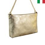 Дамска чанта от естествена кожа през рамо с дръжка синджир - златист