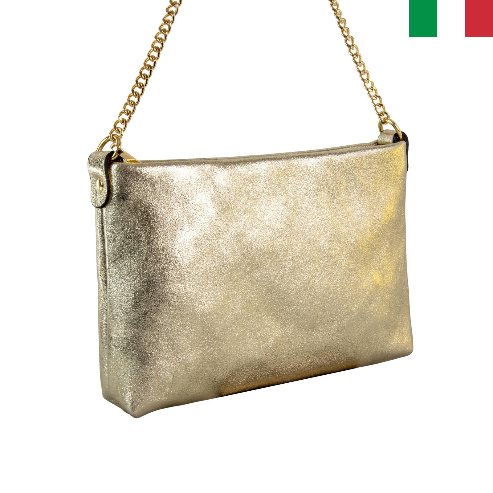 12.10.2023-1-златист-лице Дамска чанта от естествена кожа през рамо с дръжка синджир - златист - Image 1