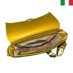 Дамска чанта от естествена кожа с капак и кръгла метална закопчалка - горчица - Image 4