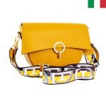 Дамска чанта от естествена кожа с капак и кръгла метална закопчалка - горчица