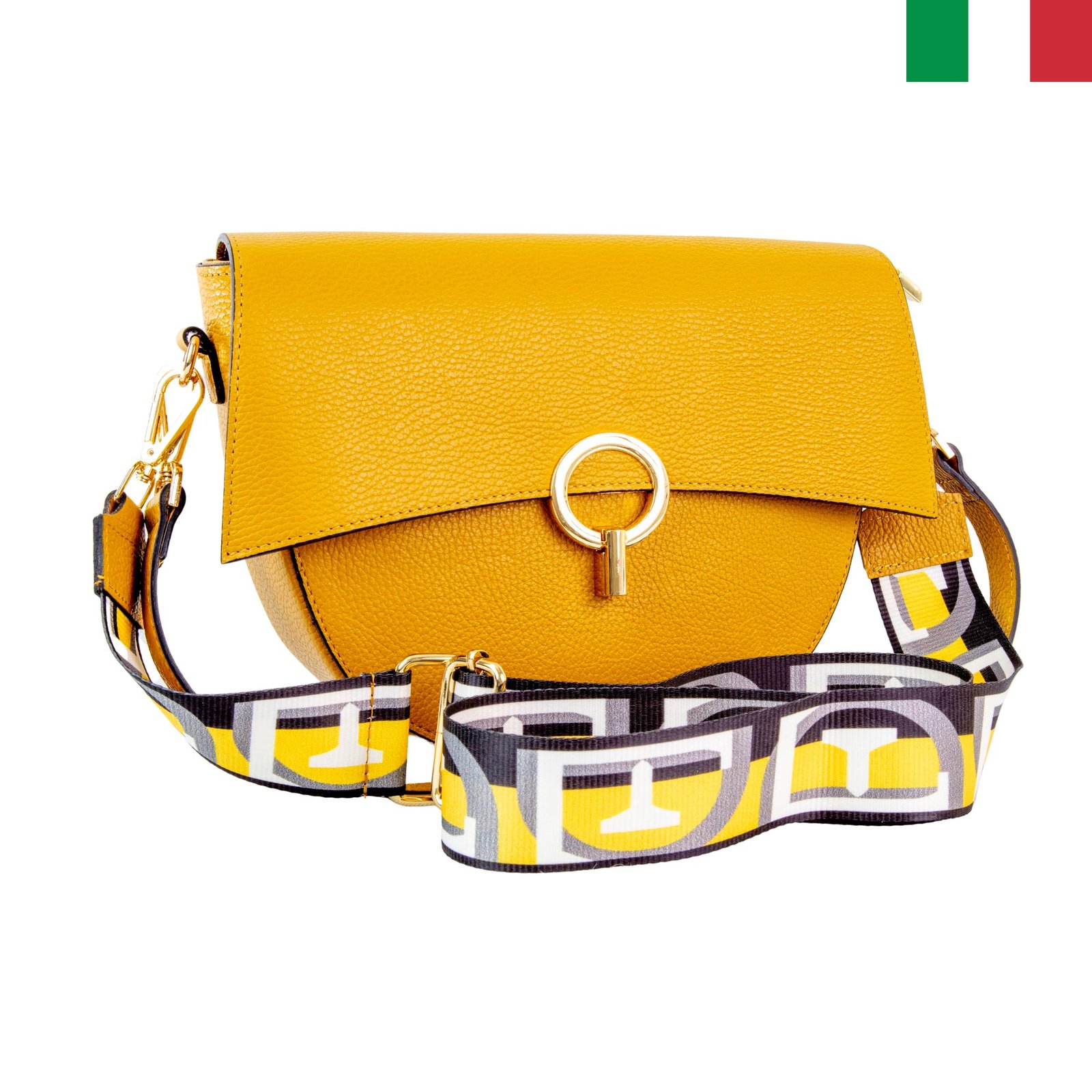 12.10.2023-3-горчица-лице-дълга-дръжка Дамска чанта от естествена кожа с капак и кръгла метална закопчалка - горчица - Image 1