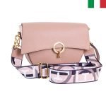 Дамска чанта от естествена кожа с капак и кръгла метална закопчалка - розов