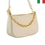 Дамска чанта от естествена кожа през рамо със синджир - бежов