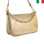 Дамска чанта от естествена кожа през рамо със синджир - злато
