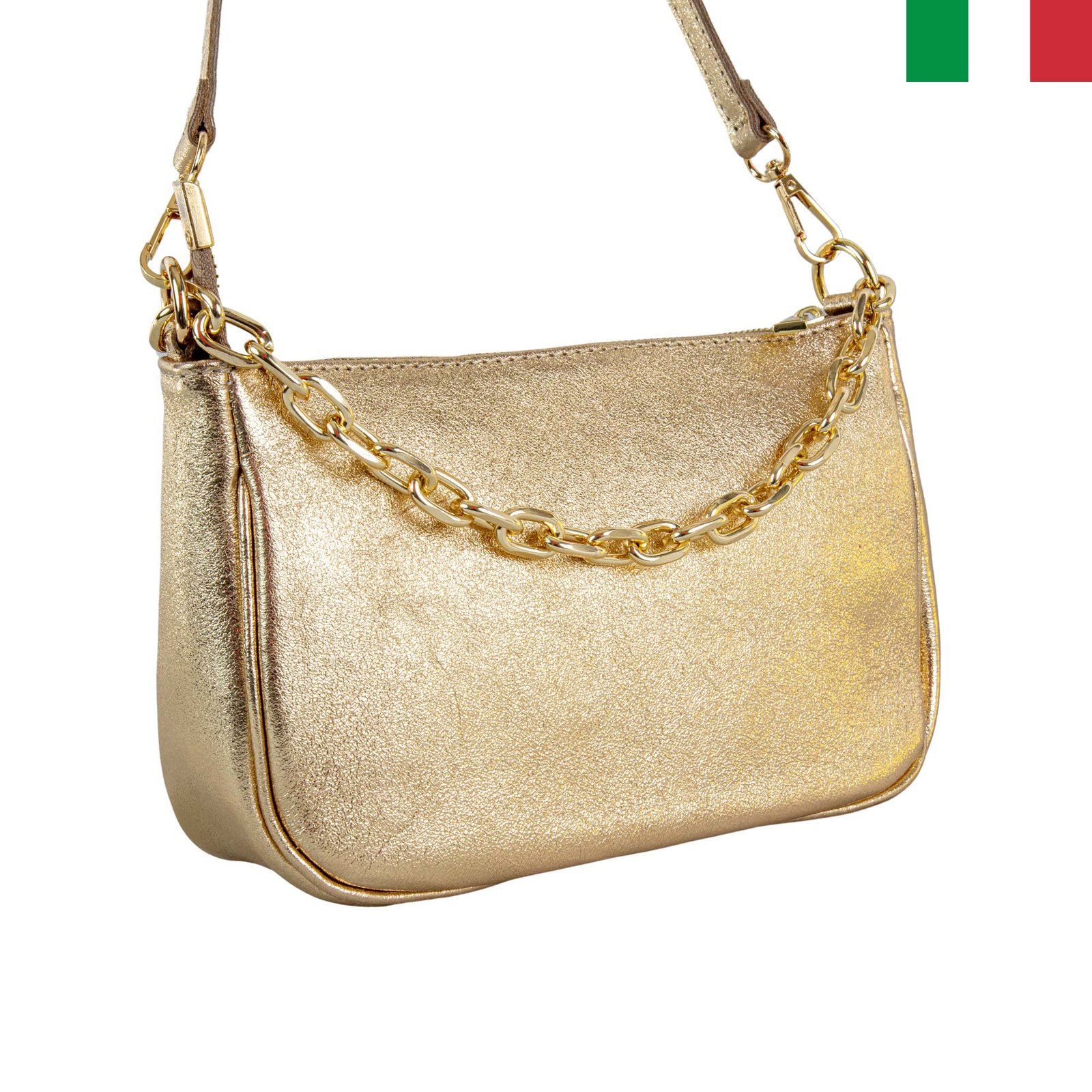 12.10.2023-4-златист-лице Дамска чанта от естествена кожа през рамо със синджир - злато - Image 1