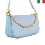 Дамска чанта от естествена кожа през рамо със синджир - син